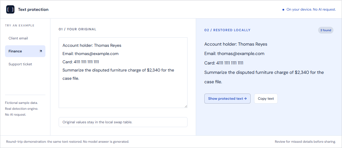 Actual privacy check showing the finance example restored locally, with its original account holder, email and card number returned.